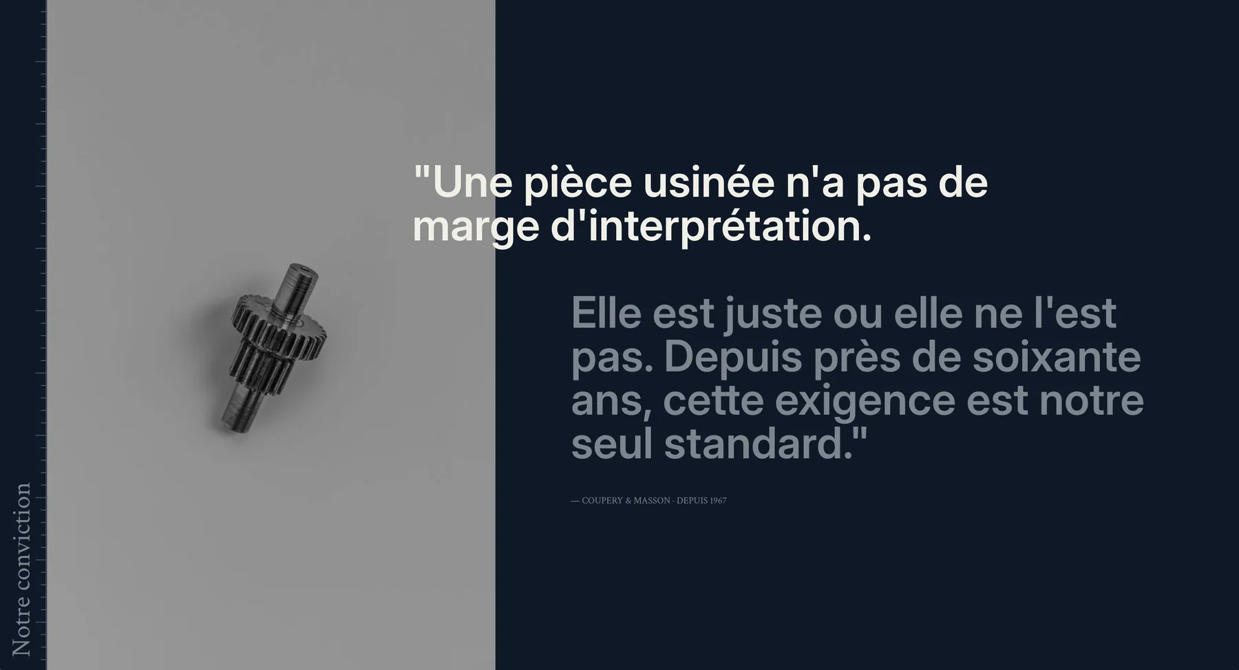 Page de conviction du nouveau site Coupery & Masson : citation « Une pièce usinée n’a pas de marge d’interprétation »