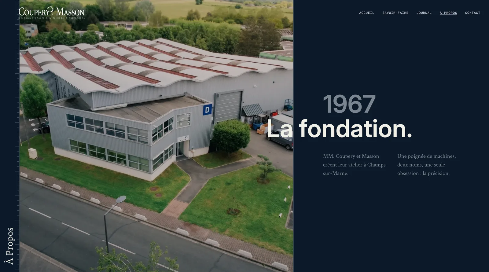 Frise chronologique de la page À propos, 1967 — la fondation de Coupery & Masson. Site web PME industrielle : refonte de Coupery & Masson
