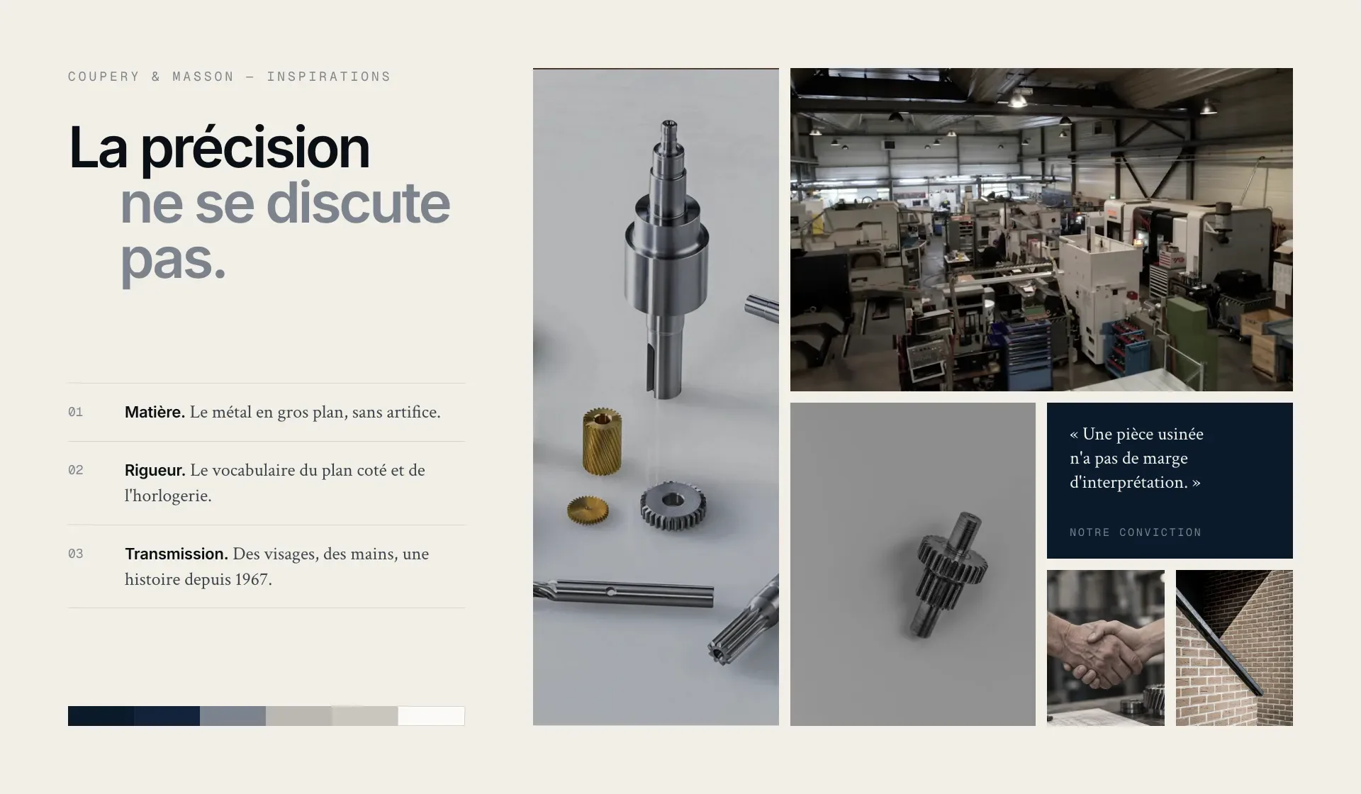 Planche de travail : moodboard de direction artistique pour Coupery & Masson, matière et précision